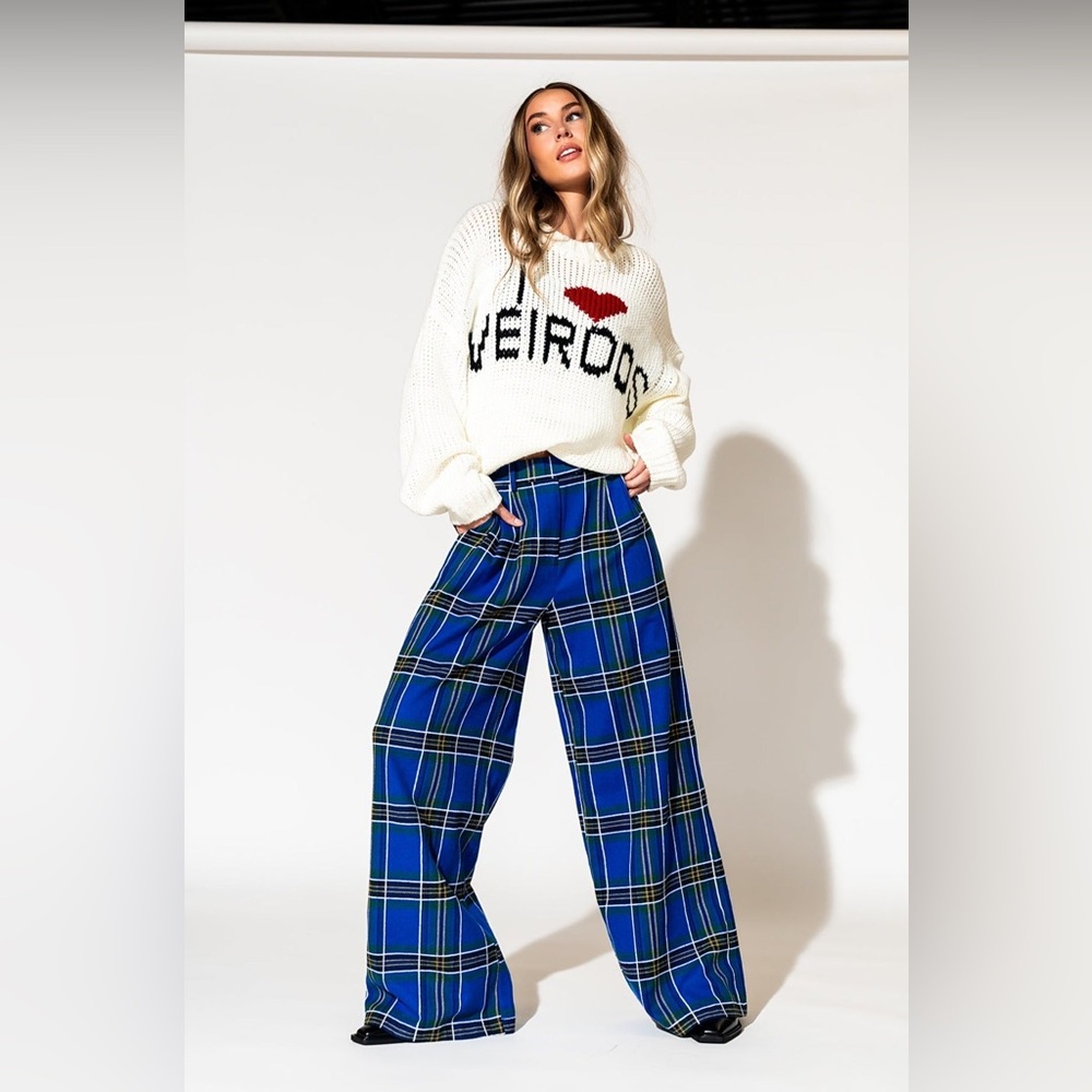 Dressed in LALA Lovers Lane Plaid Wide Leg Trousers Cobalt Blue